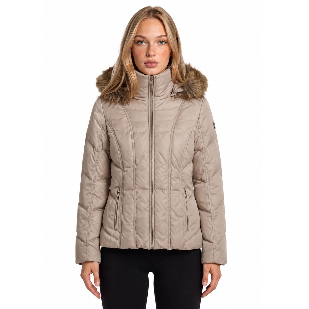 Calvin Klein Down Puffer Jacket Coat Womens Size XL Champagne Gold Faux Fur Hood
